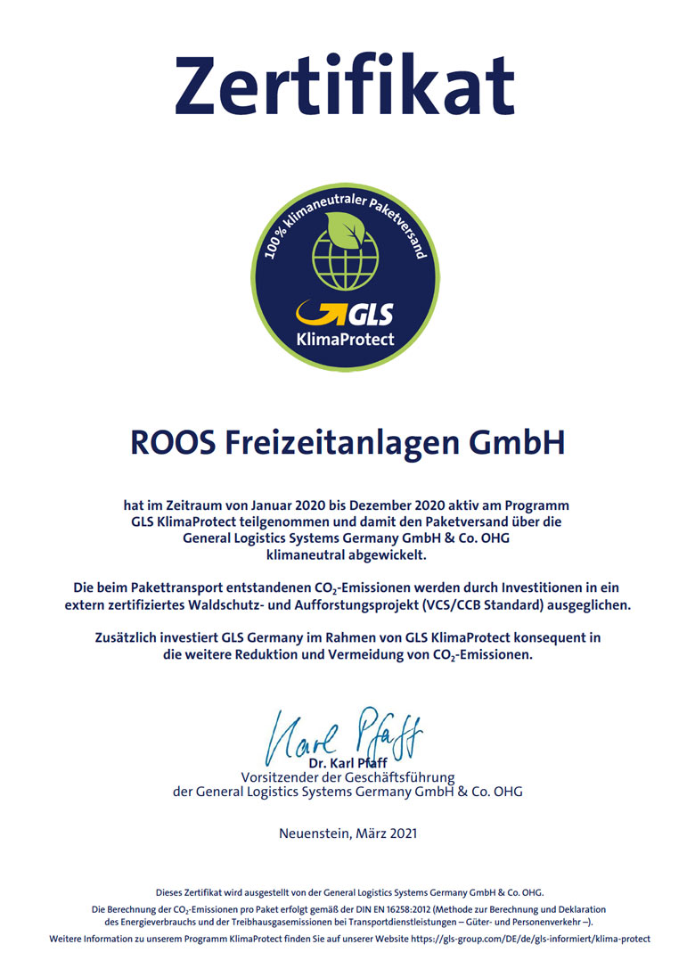 GLS KlimaProtect Zertifikat für ROOS Freizeitanlagen